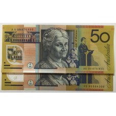 AUSTRALIA 1999 . FIFTY 50 DOLLAR BANKNOTES . EVANS/MacFARLANE . FIRST and LAST PREFIX AA99/PE99
